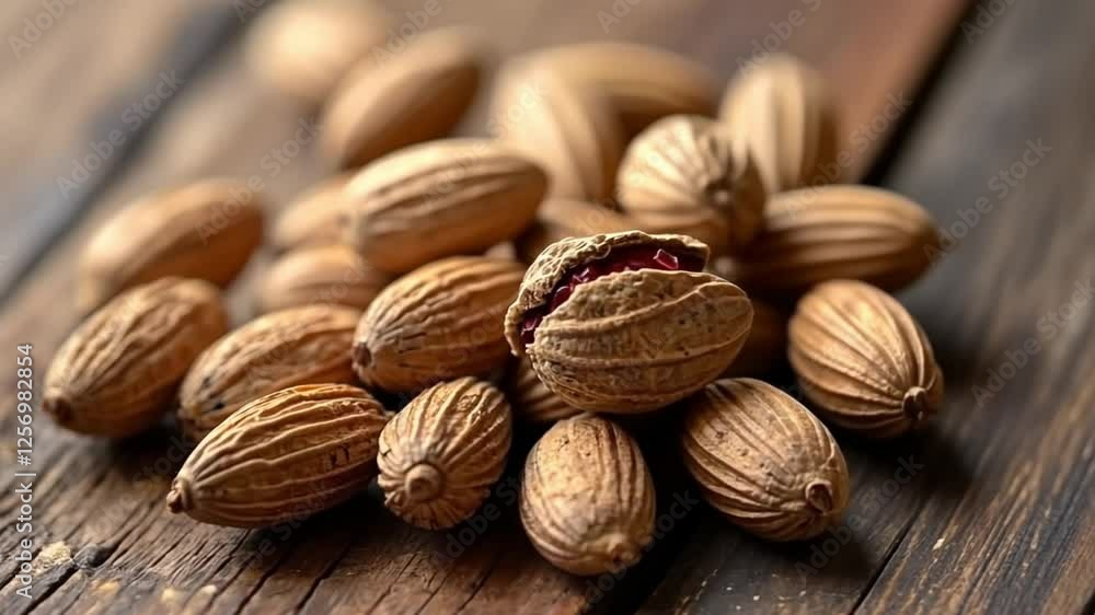 Close-up of nutmeg seeds displaying textures and tones on rustic wood surface. Close-up of nutmeg seeds displaying textures and tones on rustic wood surface.