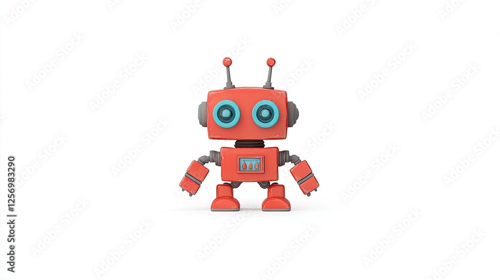 Colorful cartoon robot standing upright with blue eyes and antennas on a white background Colorful cartoon robot standing upright with blue eyes and antennas on a white background