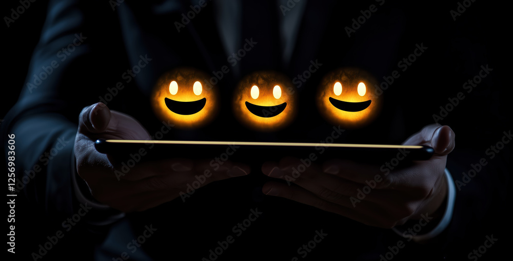 glowing smiley faces above a tablet, hands holding device in the dark
