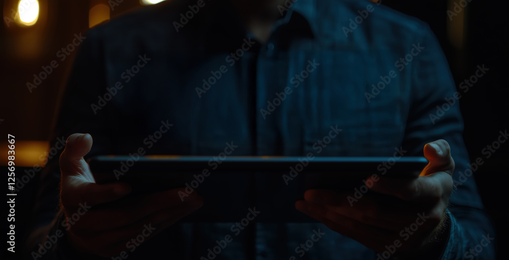 person holding a tablet in a dark room, low light atmosphere