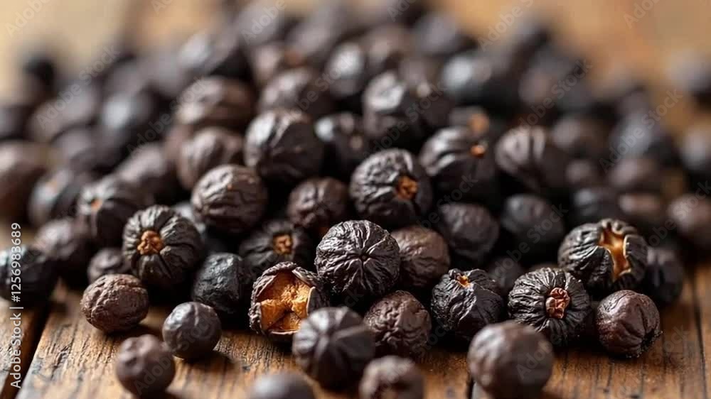 Close-up of whole black peppercorns on rustic wood, some cracked to show aromatic texture, deep black with brown-gray highlights. Close-up of whole black peppercorns on rustic wood, some cracked to show aromatic texture, deep black with brown-gray highlights.