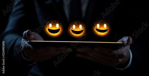 Obraz na płótnie glowing smiley faces above a tablet, hands holding device in the dark w salonie
