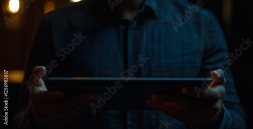 Obraz na płótnie person holding a tablet in a dark room, low light atmosphere w salonie