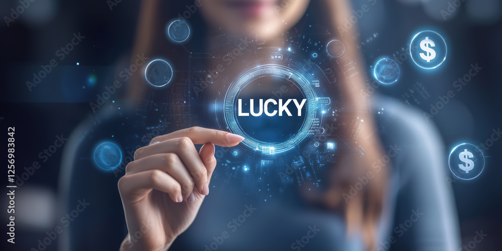 woman touching a digital lucky button, futuristic money concept