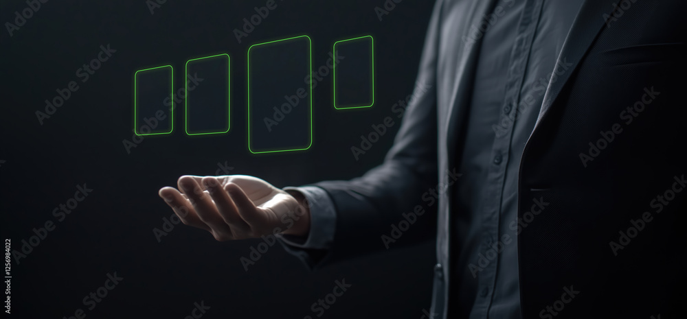digital banking and security concept, businessman holding virtual finance icons