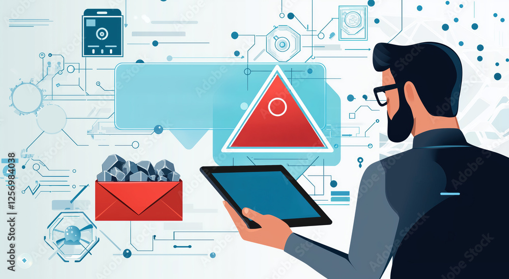 man holding a tablet with digital scam alert, cybersecurity threat concept