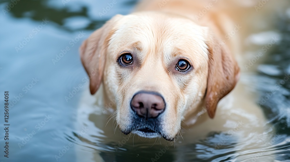 Playful Yellow Labrador Retriever Swimming in Clear Water with a Curious Expression : Generative AI