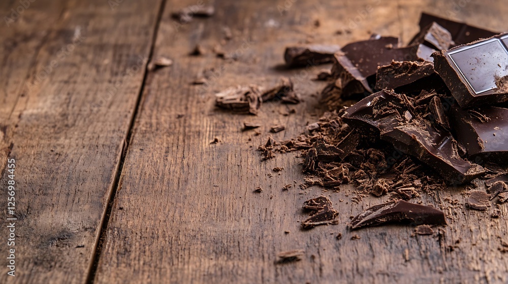 Close up of scattered chocolate chunks on a wooden table highlighting the rich textures and earthy tones : Generative AI Close up of scattered chocolate chunks on a wooden table highlighting the rich textures and earthy tones : Generative AI