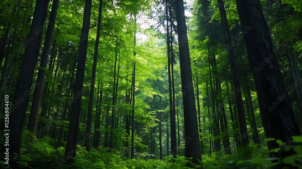 Tranquil view of a dense forest filled with lush green trees basking in natural sunlight : Generative AI Tranquil view of a dense forest filled with lush green trees basking in natural sunlight : Generative AI