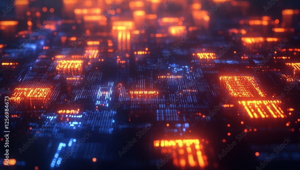 Obraz premium Digital Data Streams Flowing Dynamically Across Network Infrastructure, Illuminated in Vibrant Hues of Blue and Orange.