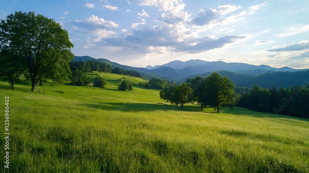 Vast green landscape with trees and rolling hills under a cloudy blue sky : Generative AI Vast green landscape with trees and rolling hills under a cloudy blue sky : Generative AI