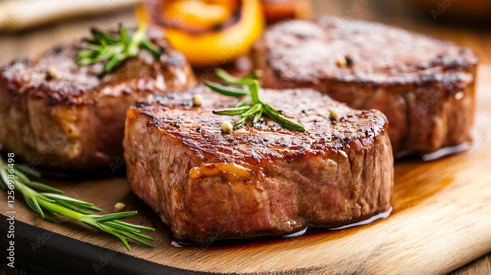 Juicy beef steaks sizzling on a wooden board garnished with fresh rosemary and orange slices : Generative AI Juicy beef steaks sizzling on a wooden board garnished with fresh rosemary and orange slices : Generative AI
