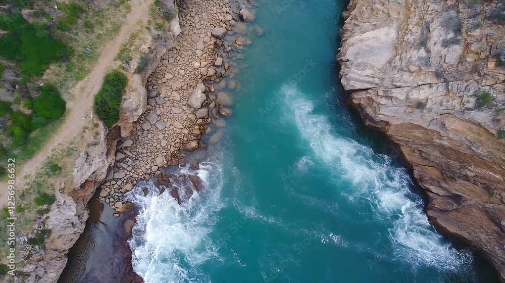 Stunning Aerial View of a Turquoise River Flowing Through Rocky Terrain Surrounded by Lush Greenery : Generative AI Stunning Aerial View of a Turquoise River Flowing Through Rocky Terrain Surrounded by Lush Greenery : Generative AI