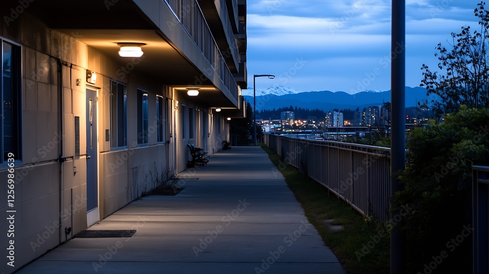Quiet Residential Walkway at Dusk with Soft Lighting and Scenic Background : Generative AI Quiet Residential Walkway at Dusk with Soft Lighting and Scenic Background : Generative AI