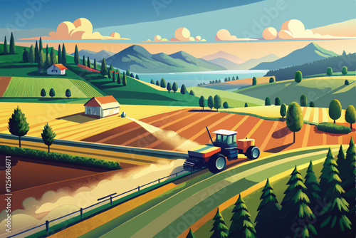 Aerial view of a tractor fertilizing a cultivated landscape image. Generative AI
