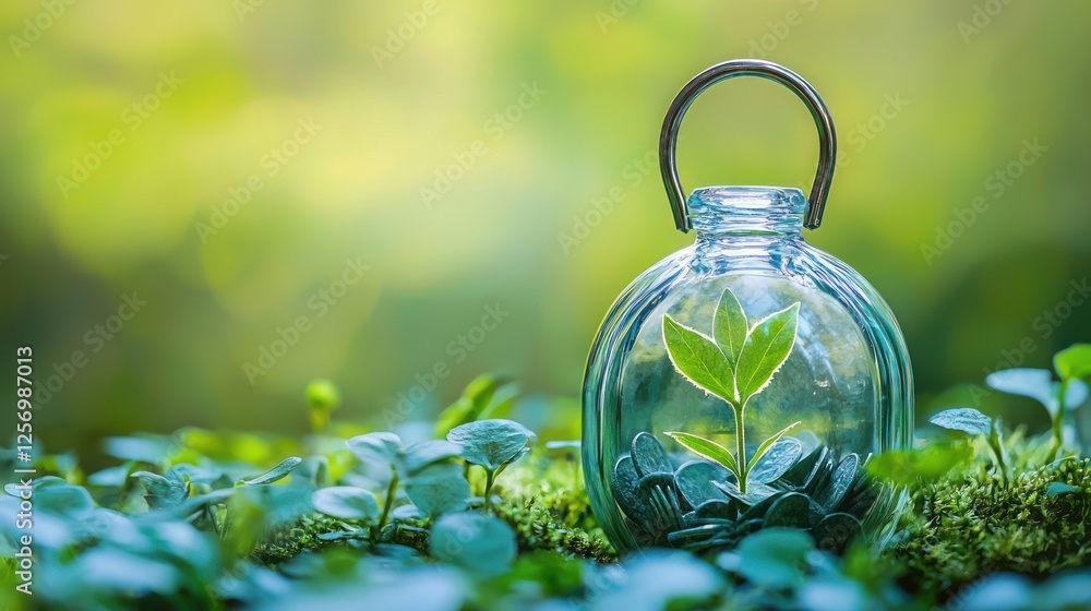 Fresh Green Plant Inside Glass Jar Surrounded by Nature Elements Fresh Green Plant Inside Glass Jar Surrounded by Nature Elements