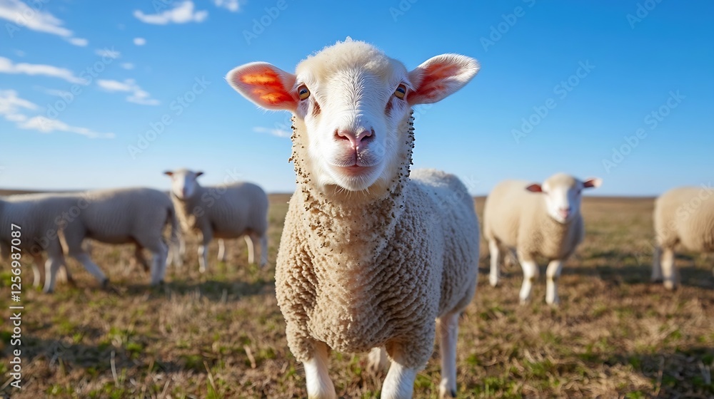 Curious Sheep Gazing at the Camera in a Sunny Pasture Under Blue Sky : Generative AI Curious Sheep Gazing at the Camera in a Sunny Pasture Under Blue Sky : Generative AI
