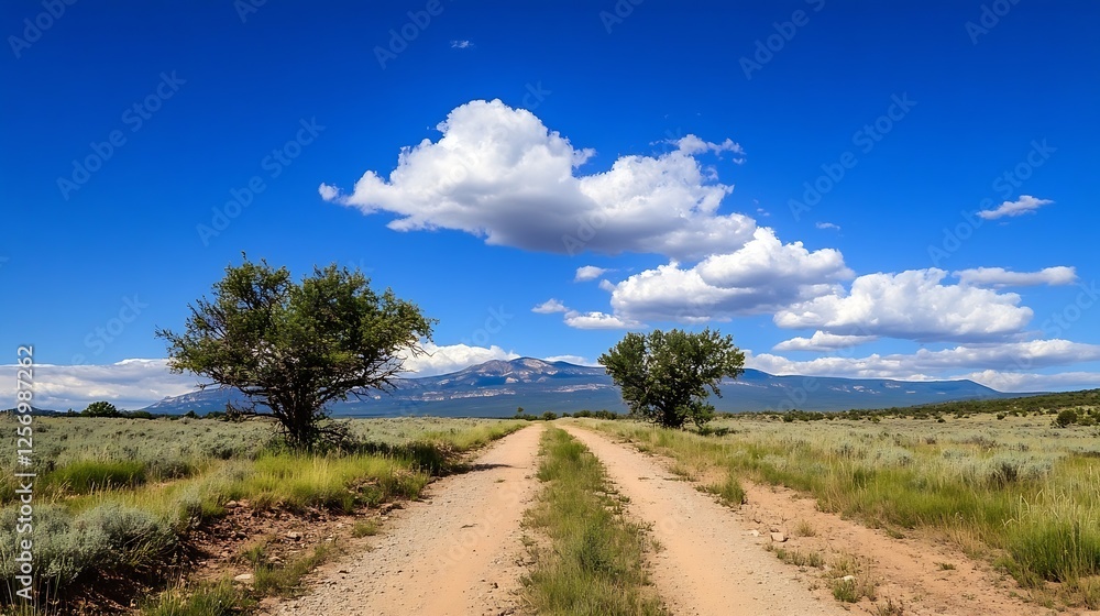 Scenic dirt road framed by lush greenery under a bright blue sky with fluffy clouds in the background : Generative AI Scenic dirt road framed by lush greenery under a bright blue sky with fluffy clouds in the background : Generative AI