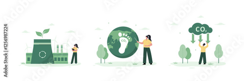 Sustainable and ecology. Green factory and Alternative energy. Net zero. Low Carbon. Circular economy. Vector illustration in flat cartoon style.