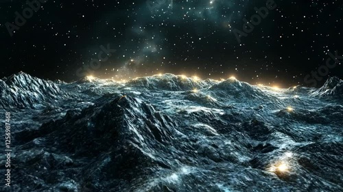 Blue Icy Mountainous Alien Planet Surface At Night With A Starry Sky