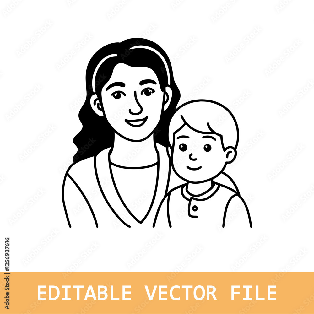 Mother and son line art vector illustration, Mother and son line art vector illustration,