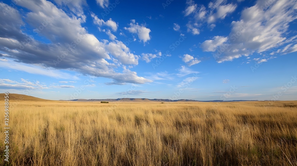Expansive golden grassland under a bright blue sky with fluffy white clouds : Generative AI Expansive golden grassland under a bright blue sky with fluffy white clouds : Generative AI