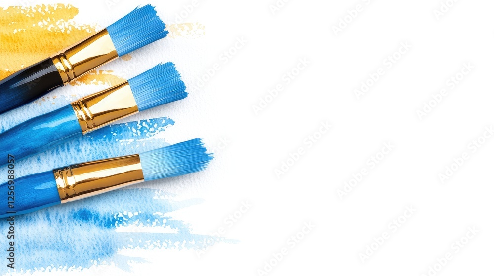 Fototapeta premium Blue paintbrushes on white background, artistic design, website header