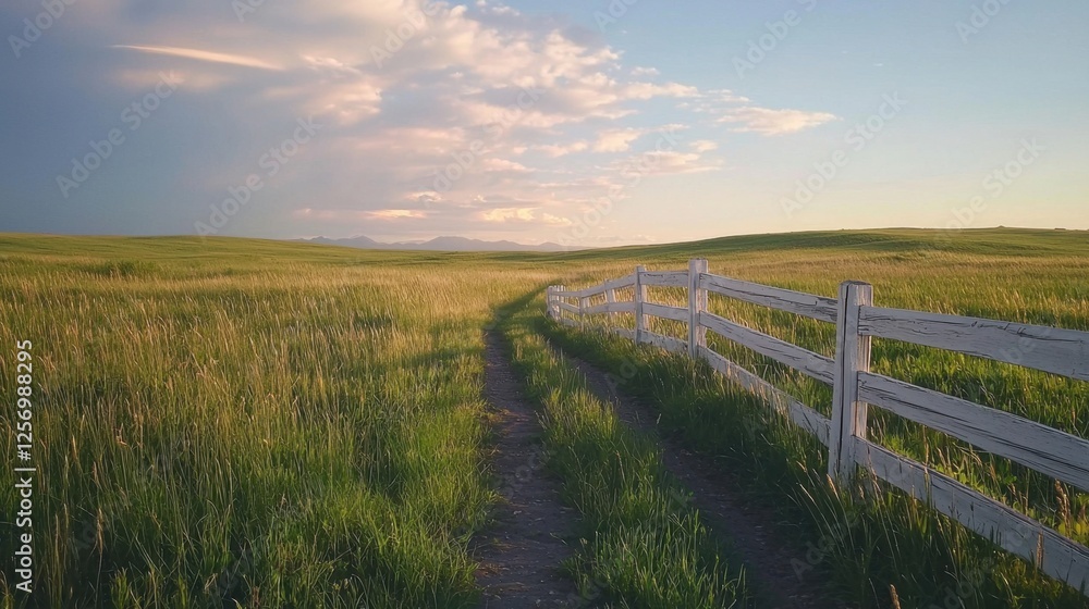 A fresh green field meets a classic white wooden fence, glowing under the warm sun with a crisp blue sky above A fresh green field meets a classic white wooden fence, glowing under the warm sun with a crisp blue sky above