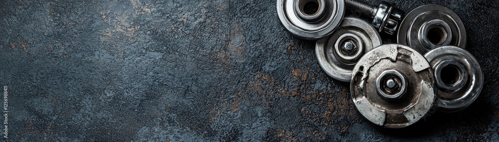 Obraz premium Metal parts on dark surface; industrial background; mechanical engineering; website banner