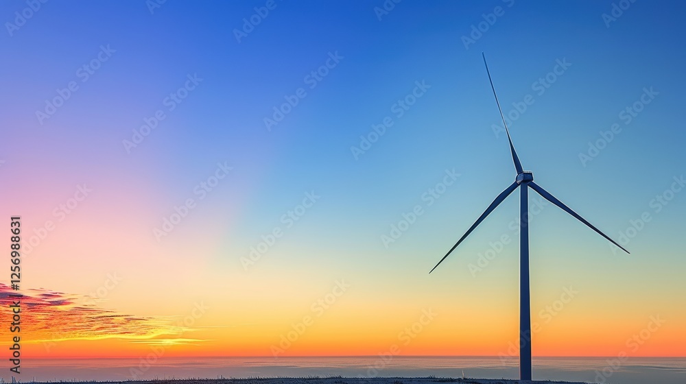 Fototapeta premium Large wind turbine standing against a vibrant sunset sky with hues of blue, orange, and pink. Renewable energy source symbolizing clean technology sustainability in a serene landscape.