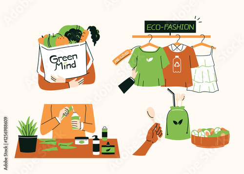 A set of flat-style illustrations featuring young people engaging in sustainable and eco-friendly activities, including recycling, sustainable shopping, biking, and using renewable energy.