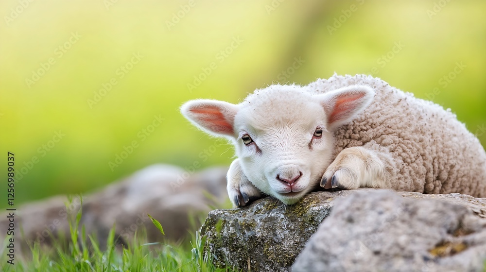 Obraz premium Adorable fluffy lamb resting peacefully on a sunny rock surrounded by lush greenery in springtime : Generative AI