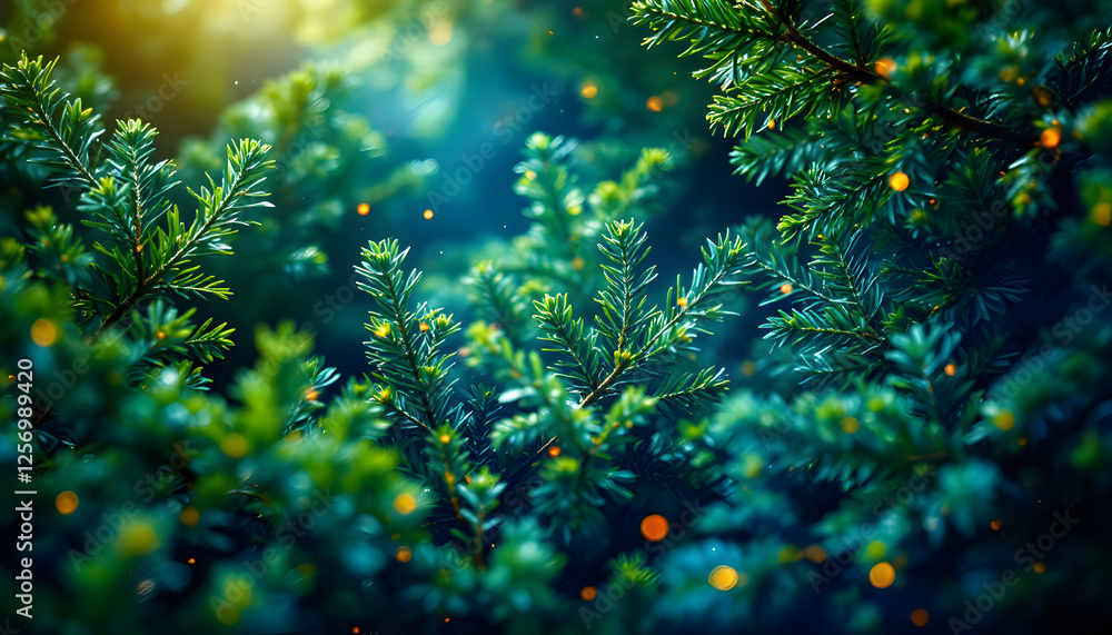 Fototapeta premium Enchanted evergreen branches with sparkling bokeh lights backdrop