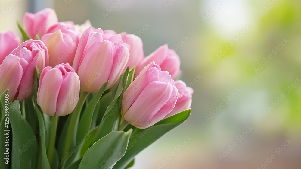 Fototapeta premium Vibrant bouquet of pink tulips beautifully arranged to showcase their delicate petals and fresh green leaves : Generative AI