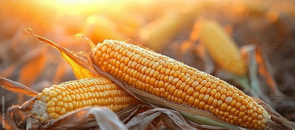 Golden corn cobs in field sunset harvest agriculture food Golden corn cobs in field sunset harvest agriculture food
