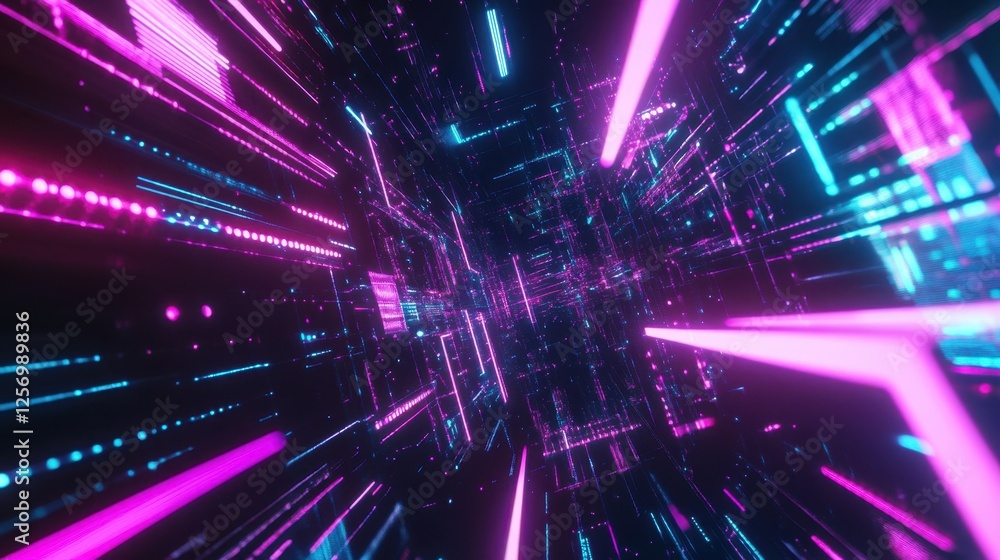 Fototapeta premium A futuristic digital network with bright, pulsating nodes and neon lines linking them, symbolizing big data and AI systems