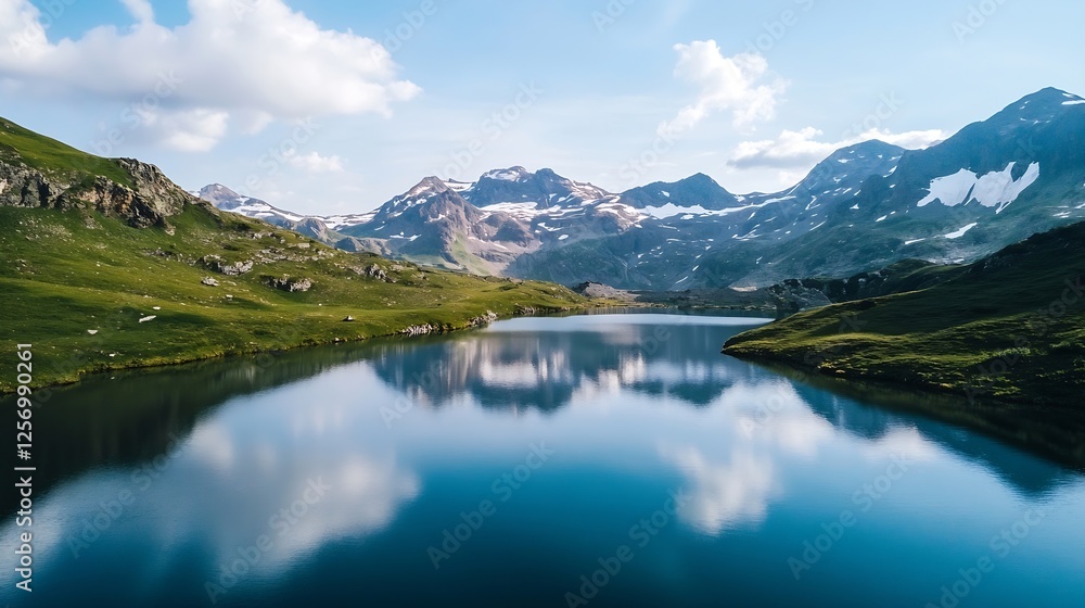 Stunning Aerial View of a Calm Lake Surrounded by Majestic Mountains : Generative AI Stunning Aerial View of a Calm Lake Surrounded by Majestic Mountains : Generative AI