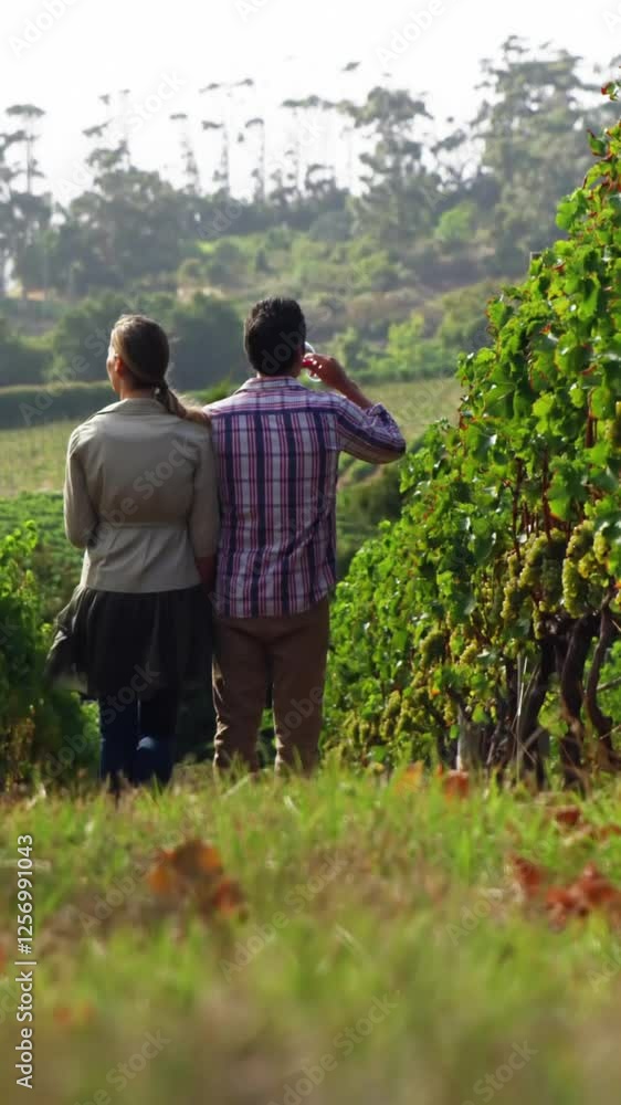 Rear view of couple holding hands and standing in field Rear view of couple holding hands and standing in field