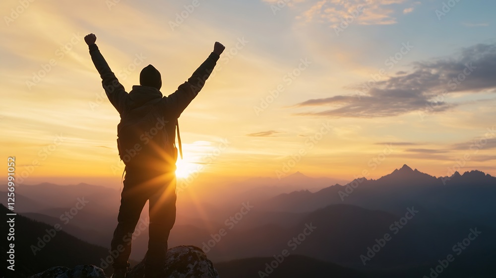Fototapeta premium Thrilled Hiker Celebrating Success at Sunrise Over Majestic Mountain View : Generative AI