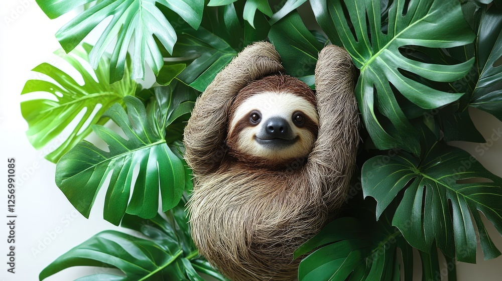 Fototapeta premium Sloth relaxing among vibrant green leaves, showcasing its unique features in a tranquil setting