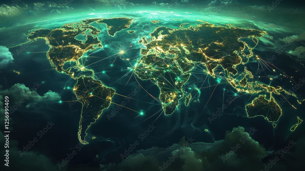 Fototapeta premium A futuristic world map glowing with submarine cable paths, connecting the planet through digital infrastructure.