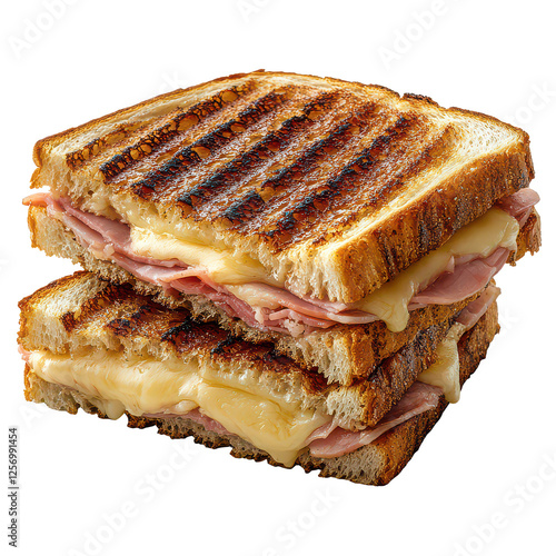 Cheese and ham toasted panini melt isolated on transparent background