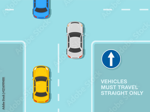 Safe driving tips and traffic regulation rules. European "Go straight" road sign. Top view of a traffic flow in intersection. Vehicles must travel straight only. Flat vector illustration template.