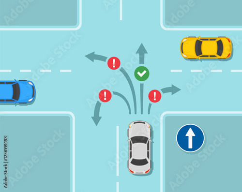 Safe car driving tips and traffic regulation rules. "Go straight" sign rule. Top view of a crossroad. Flat vector illustration template.