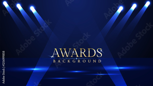 Elegant awards ceremony background with blue spotlights. Perfect for event invitations, award presentations, gala nights, corporate ceremonies, achievement celebrations, online event promotions.