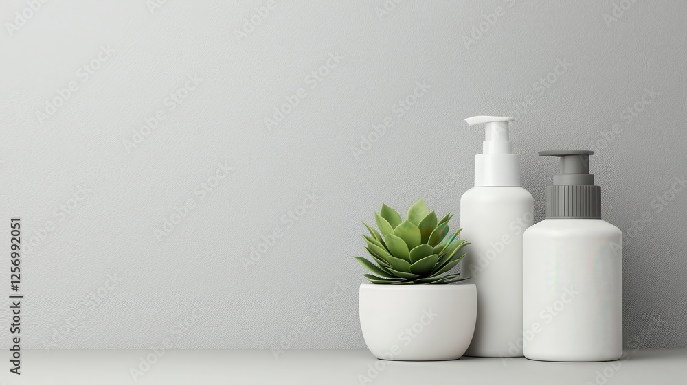 A minimalist display featuring two cosmetic bottles and a small potted plant, set against a soft gray background. A minimalist display featuring two cosmetic bottles and a small potted plant, set against a soft gray background.