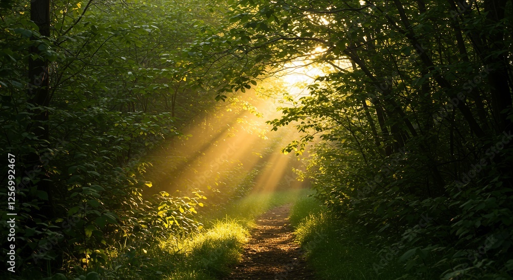 Fototapeta premium Magical Sunbeams in Forest Path - Nature Photography