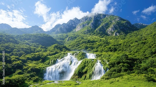 Majestic mountain waterfall cascading down lush green slopes, sunny day