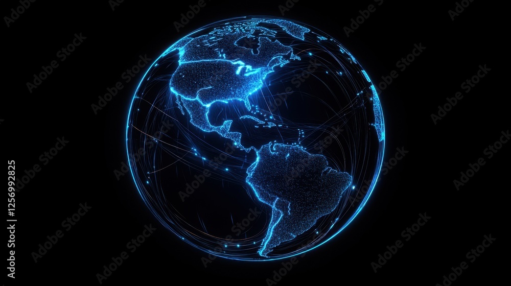 A glowing 3D globe with bright blue and white lines representing data flow, digital connections lighting up around the world A glowing 3D globe with bright blue and white lines representing data flow, digital connections lighting up around the world