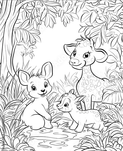 Jungle animals in their habitat childrens coloring clear thick outlines tropical forest background carefully drawn all images are clear complete no color shad
